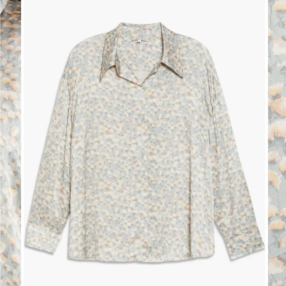Vince %100 Silk Carnation Soft Gray and Cream Luxury Designer Blouse